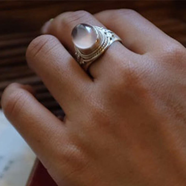Buddha Stones 925 Sterling Silber Handgefertigter natürlicher Rosenquarz Liebevolle Energie Verstellbarer Ring