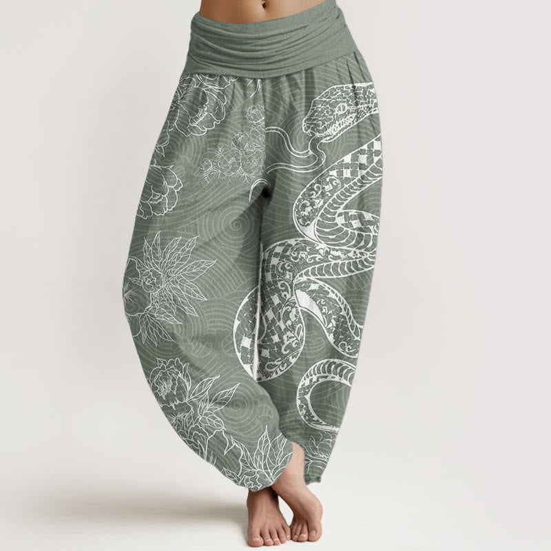 Buddha Stones Damen Haremshose aus reiner Baumwolle mit Schlangen-Lotus-Motiv, elastische Taille
