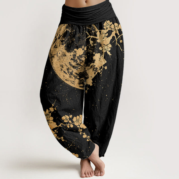 Buddha Stones Damen-Haremshose aus reiner Baumwolle mit goldenem Pflaumenblüten-Vollmond-Muster und elastischer Taille