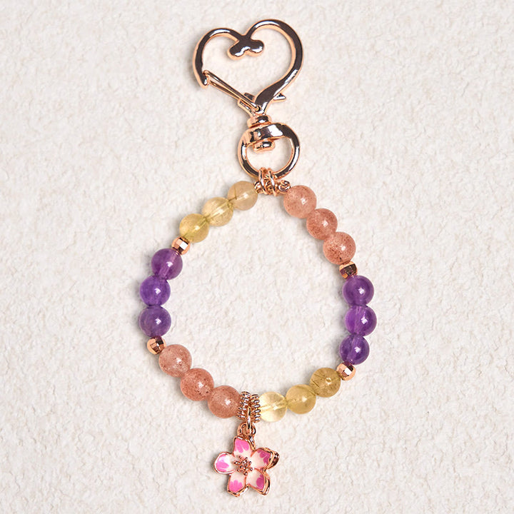 Buddha Stones Natürlicher Erdbeerquarz Amethyst Citrin Liebesblumen-Charme Schlüsselanhänger Hängende Dekoration
