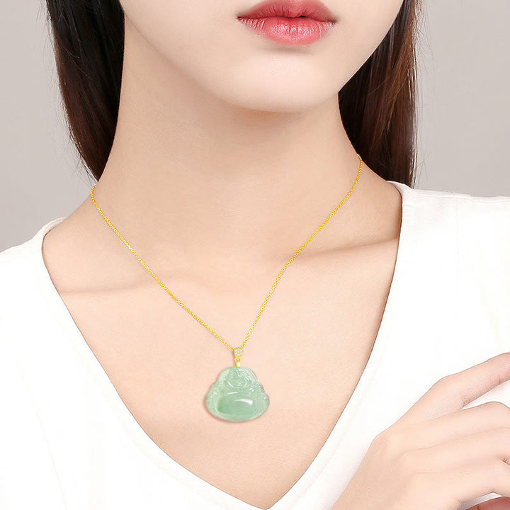 Buddha Stones Halskettenanhänger aus 925er Sterlingsilber mit natürlichem Jade-Anhänger „Lachender Buddha“ für Glück und Wohlstand - image 12
