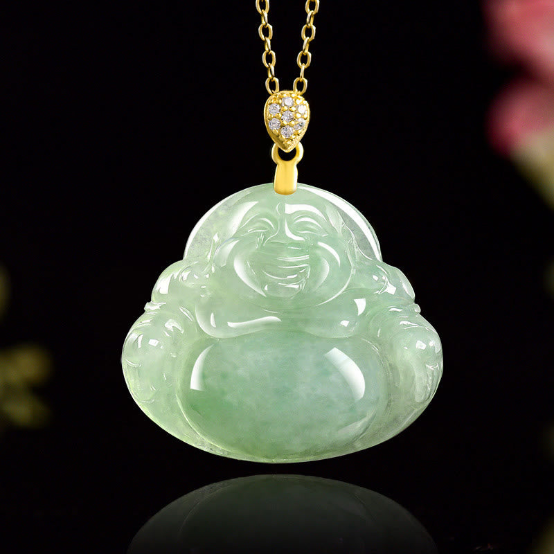 Buddha Stones Halskettenanhänger aus 925er Sterlingsilber mit natürlichem Jade-Anhänger „Lachender Buddha“ für Glück und Wohlstand - Jade (Wohlstand ♥ Überfluss) - image 1