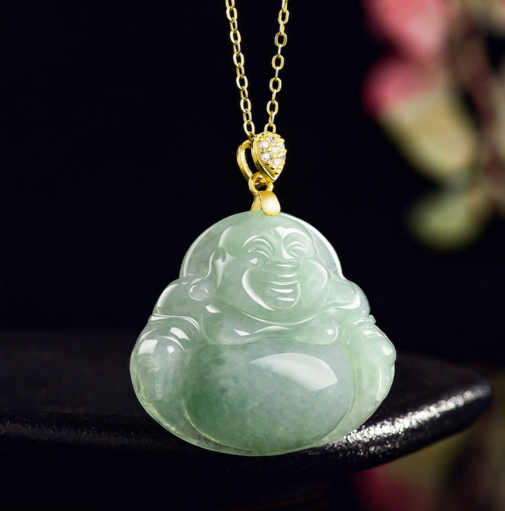 Buddha Stones Halskettenanhänger aus 925er Sterlingsilber mit natürlichem Jade-Anhänger „Lachender Buddha“ für Glück und Wohlstand - image 2