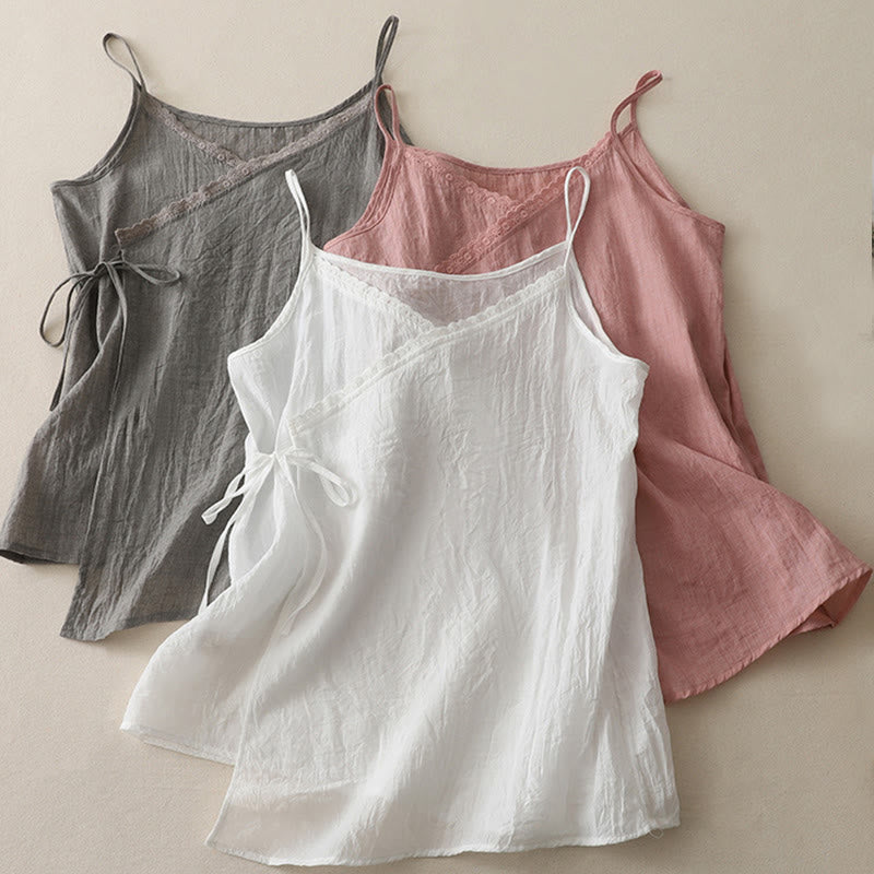 Buddha Stones Vintage Seitenschnürung Spleißen Spitze V-Ausschnitt Ärmellose Damenweste - image 13