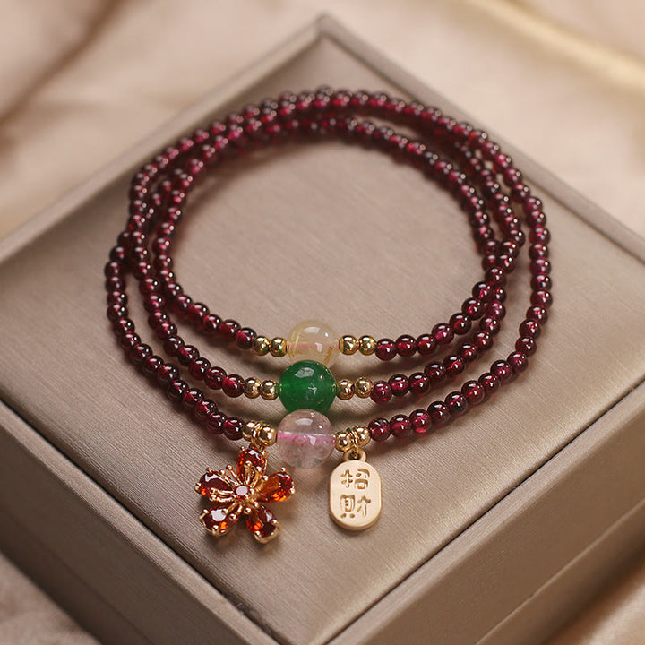 Buddha Stones Natürliche 3 mm ultradünne Granatperlen Kirschblütenblüte zieht Glücksschutz an Mehrschichtiges Armband