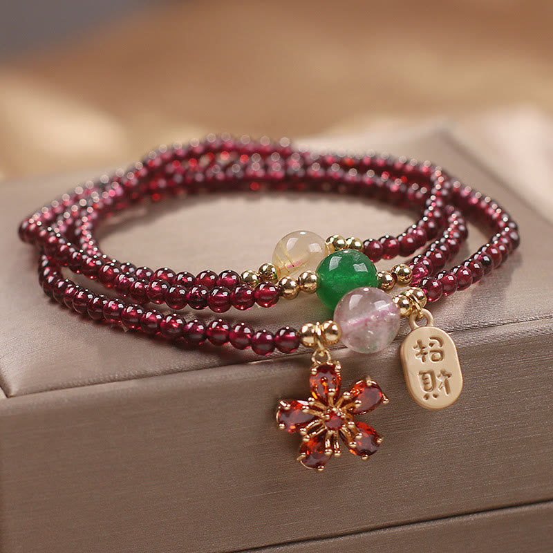 Buddha Stones Natürliche 3 mm ultradünne Granatperlen Kirschblütenblüte zieht Glücksschutz an Mehrschichtiges Armband