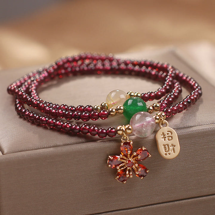 Buddha Stones Natürliche 3 mm ultradünne Granatperlen Kirschblütenblüte zieht Glücksschutz an Mehrschichtiges Armband