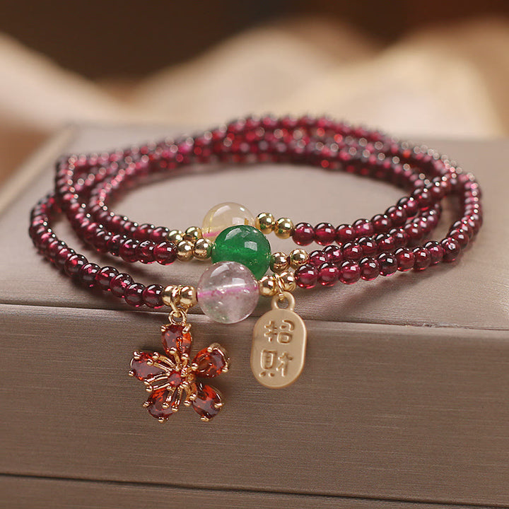 Buddha Stones Natürliche 3 mm ultradünne Granatperlen Kirschblütenblüte zieht Glücksschutz an Mehrschichtiges Armband