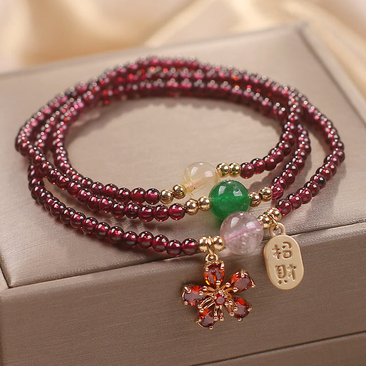 Buddha Stones Natürliche 3 mm ultradünne Granatperlen Kirschblütenblüte zieht Glücksschutz an Mehrschichtiges Armband