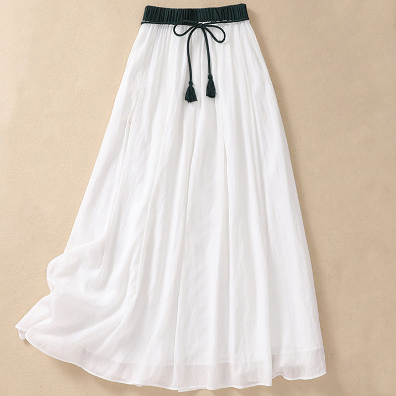 Buddha Stones Lässiger Damen-Rock aus Baumwolle und Leinen in Kontrastfarbe mit Plissee und Schnürung in der Länge 7–8 - image 11