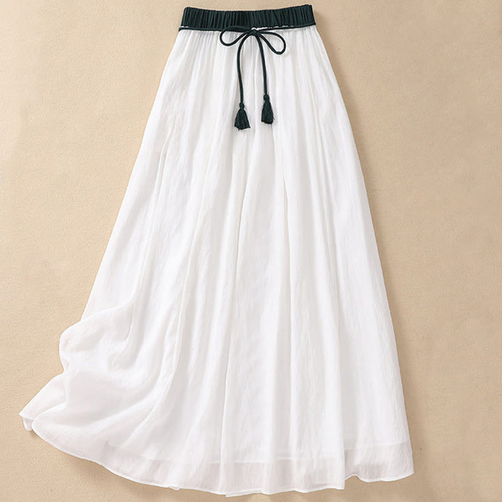 Buddha Stones Lässiger Damen-Rock aus Baumwolle und Leinen in Kontrastfarbe mit Plissee und Schnürung in der Länge 7–8 - image 11