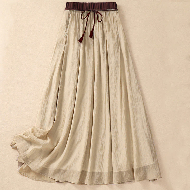 Buddha Stones Lässiger Damen-Rock aus Baumwolle und Leinen in Kontrastfarbe mit Plissee und Schnürung in der Länge 7–8 - Blasse Goldrute - US8-10, UK/AU12-14,EU40-42 (2XL) - image 0