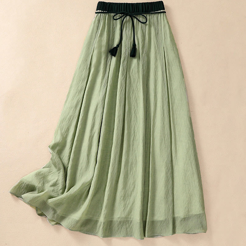 Buddha Stones Lässiger Damen-Rock aus Baumwolle und Leinen in Kontrastfarbe mit Plissee und Schnürung in der Länge 7–8 - image 24