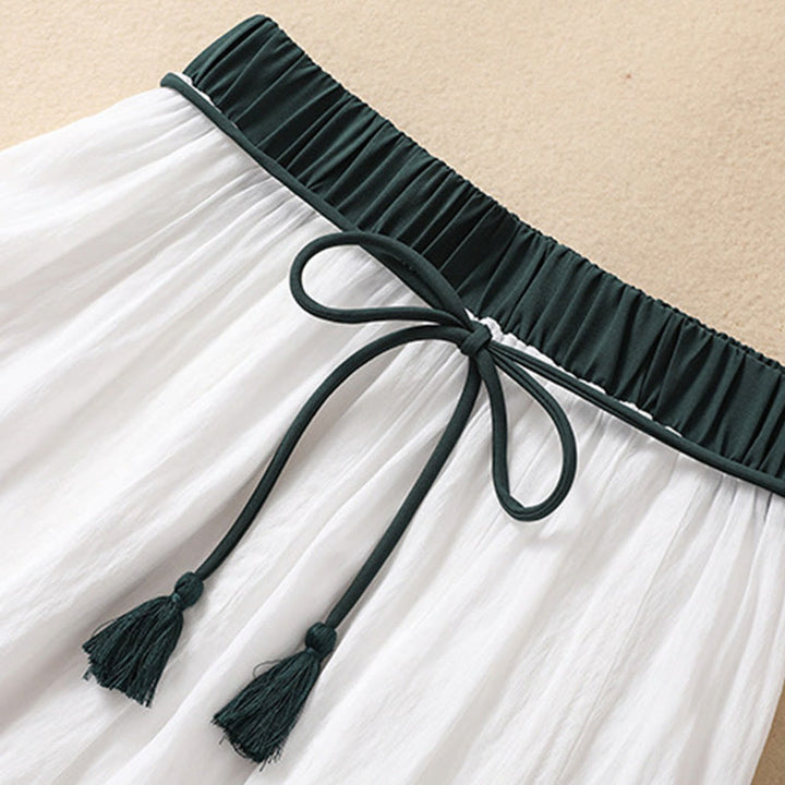 Buddha Stones Lässiger Damen-Rock aus Baumwolle und Leinen in Kontrastfarbe mit Plissee und Schnürung in der Länge 7–8 - image 12