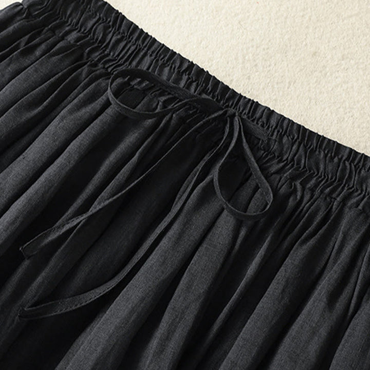 Buddha Stones Sommer-Rock aus einfarbigem Baumwollleinen mit Kordelzug und Spitze und Patchwork-Design für Damen in 7-8 Länge