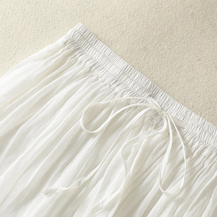 Buddha Stones Sommer-Rock aus einfarbigem Baumwollleinen mit Kordelzug und Spitze und Patchwork-Design für Damen in 7-8 Länge