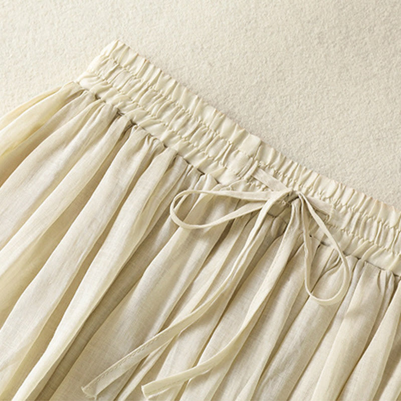 Buddha Stones Sommer-Rock aus einfarbigem Baumwollleinen mit Kordelzug und Spitze und Patchwork-Design für Damen in 7-8 Länge