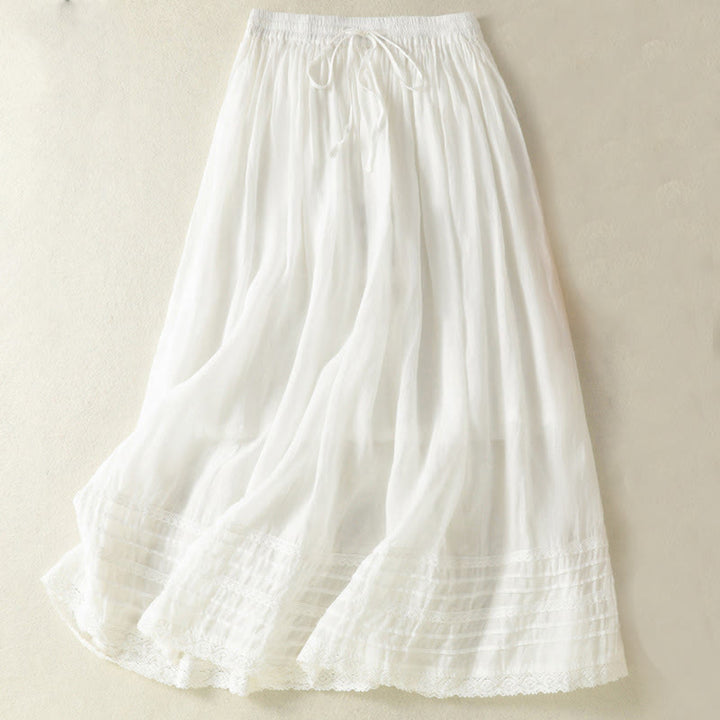 Buddha Stones Sommer-Rock aus einfarbigem Baumwollleinen mit Kordelzug und Spitze und Patchwork-Design für Damen in 7-8 Länge