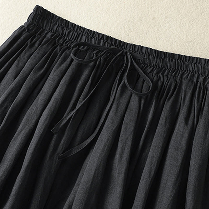 Buddha Stones Sommer-Rock aus einfarbigem Baumwollleinen mit Kordelzug und Spitze und Patchwork-Design für Damen in 7-8 Länge