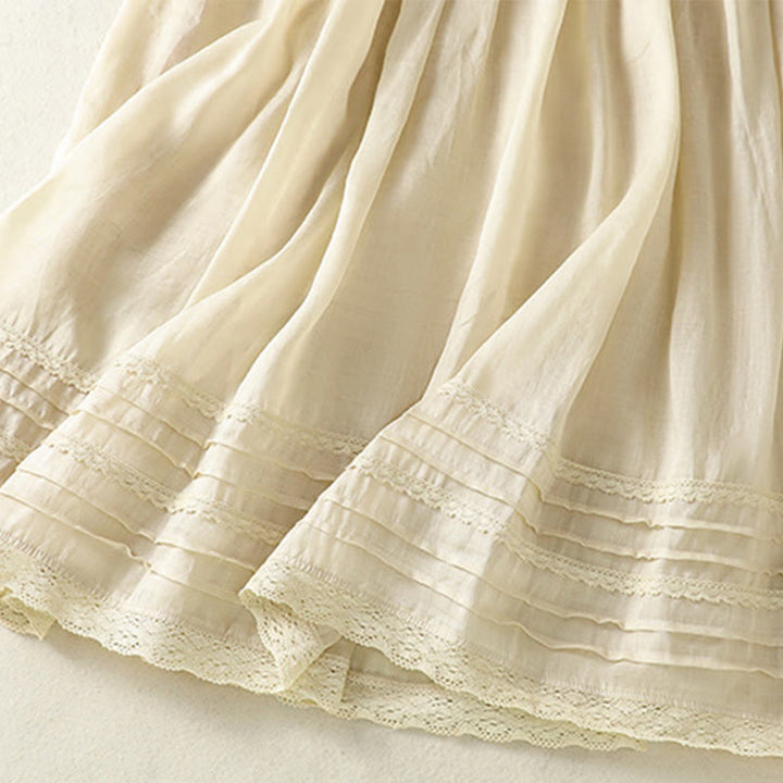 Buddha Stones Sommer-Rock aus einfarbigem Baumwollleinen mit Kordelzug und Spitze und Patchwork-Design für Damen in 7-8 Länge