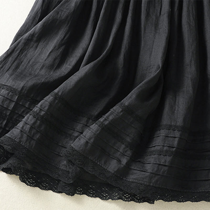 Buddha Stones Sommer-Rock aus einfarbigem Baumwollleinen mit Kordelzug und Spitze und Patchwork-Design für Damen in 7-8 Länge