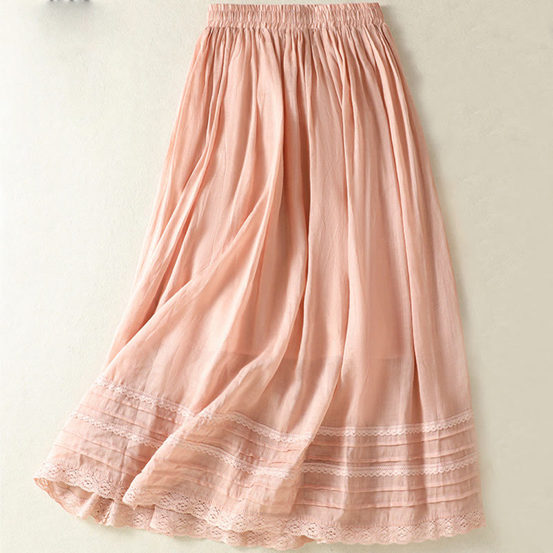 Buddha Stones Sommer-Rock aus einfarbigem Baumwollleinen mit Kordelzug und Spitze und Patchwork-Design für Damen in 7-8 Länge