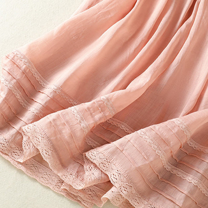 Buddha Stones Sommer-Rock aus einfarbigem Baumwollleinen mit Kordelzug und Spitze und Patchwork-Design für Damen in 7-8 Länge