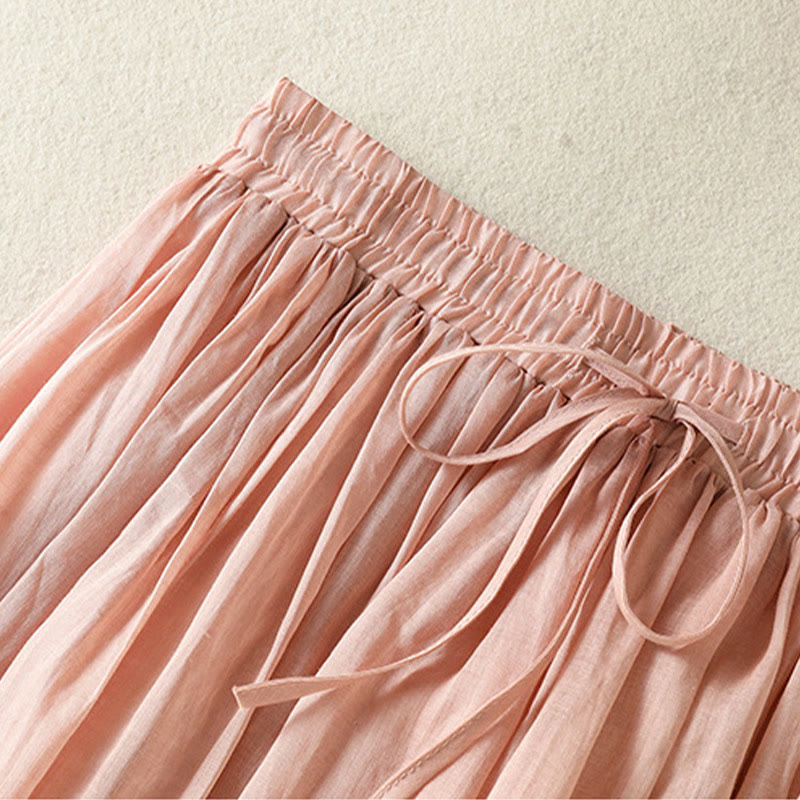 Buddha Stones Sommer-Rock aus einfarbigem Baumwollleinen mit Kordelzug und Spitze und Patchwork-Design für Damen in 7-8 Länge