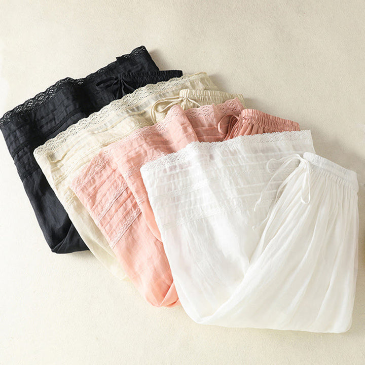 Buddha Stones Sommer-Rock aus einfarbigem Baumwollleinen mit Kordelzug und Spitze und Patchwork-Design für Damen in 7-8 Länge