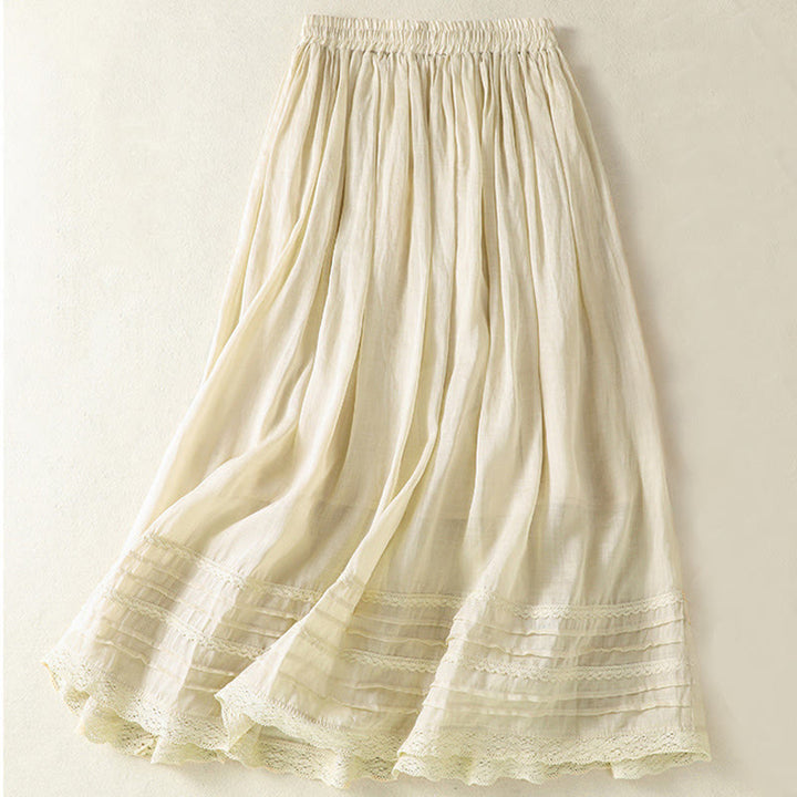 Buddha Stones Sommer-Rock aus einfarbigem Baumwollleinen mit Kordelzug und Spitze und Patchwork-Design für Damen in 7-8 Länge