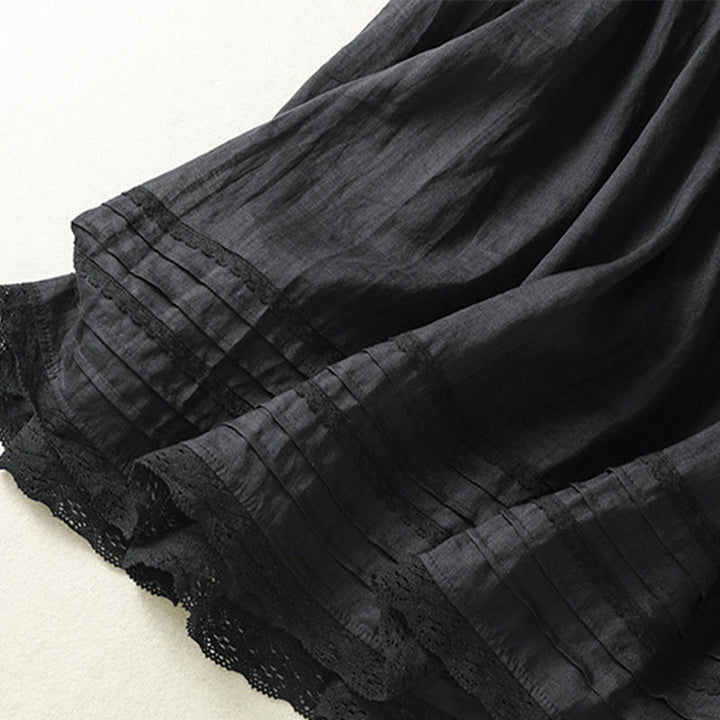 Buddha Stones Sommer-Rock aus einfarbigem Baumwollleinen mit Kordelzug und Spitze und Patchwork-Design für Damen in 7-8 Länge