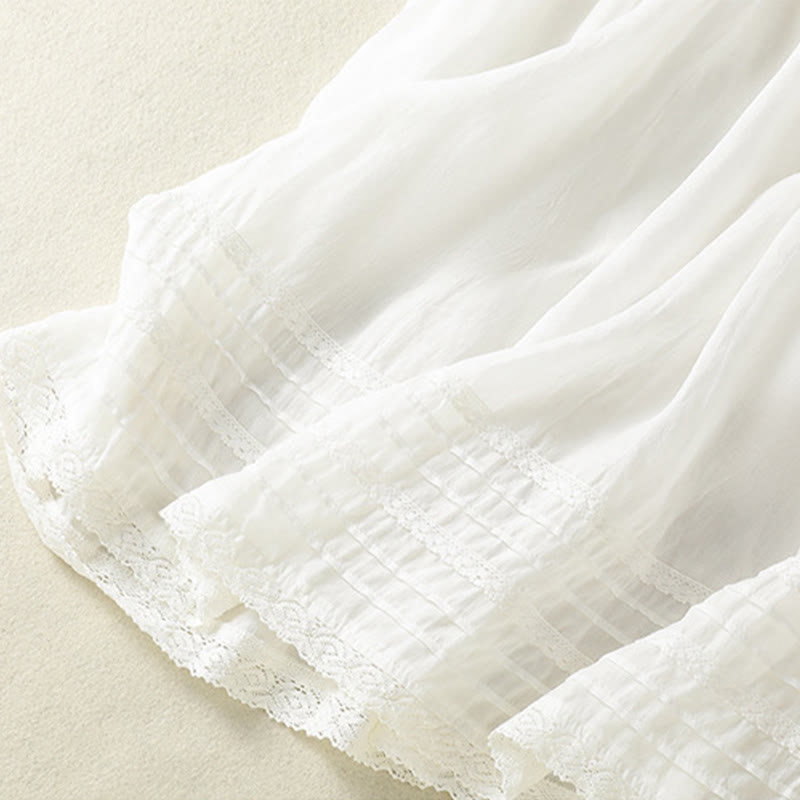 Buddha Stones Sommer-Rock aus einfarbigem Baumwollleinen mit Kordelzug und Spitze und Patchwork-Design für Damen in 7-8 Länge