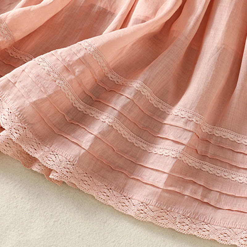 Buddha Stones Sommer-Rock aus einfarbigem Baumwollleinen mit Kordelzug und Spitze und Patchwork-Design für Damen in 7-8 Länge