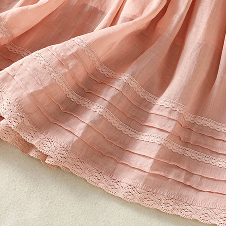 Buddha Stones Sommer-Rock aus einfarbigem Baumwollleinen mit Kordelzug und Spitze und Patchwork-Design für Damen in 7-8 Länge