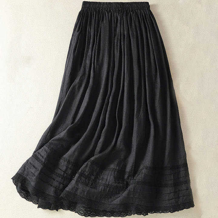 Buddha Stones Sommer-Rock aus einfarbigem Baumwollleinen mit Kordelzug und Spitze und Patchwork-Design für Damen in 7-8 Länge