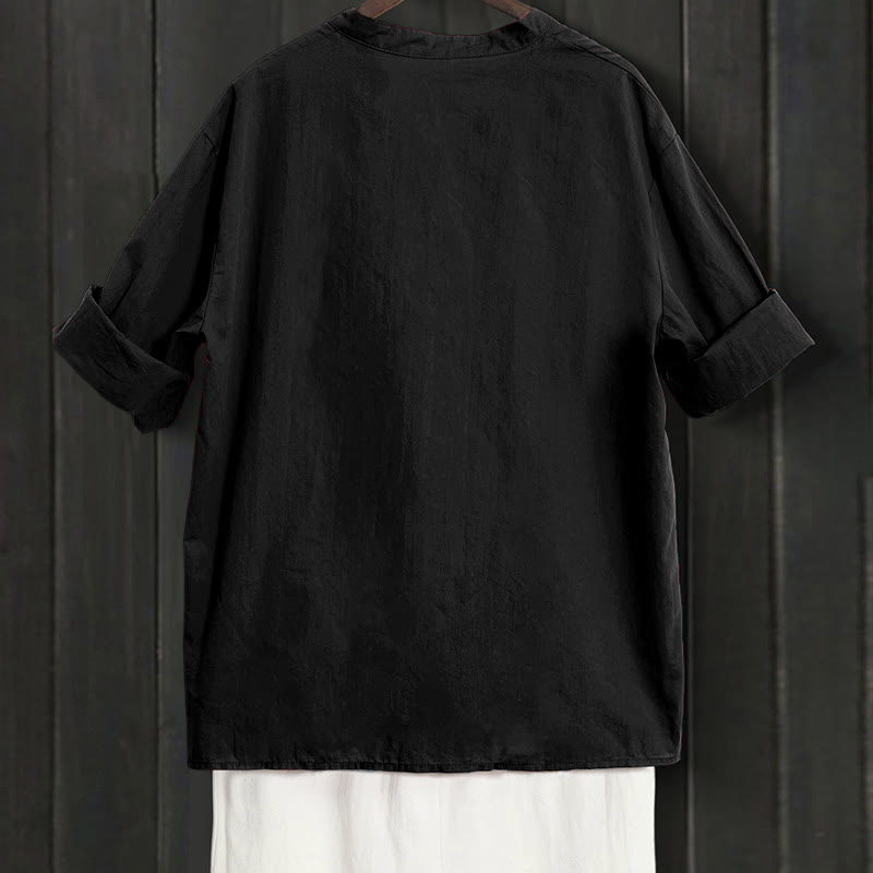 Buddha Stones Sommer Casual Plain Breasted Reversed Collar Kurzarm Damen Baumwolle Leinen Hemd - image 7