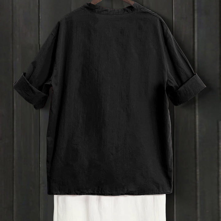 Buddha Stones Sommer Casual Plain Breasted Reversed Collar Kurzarm Damen Baumwolle Leinen Hemd - image 7