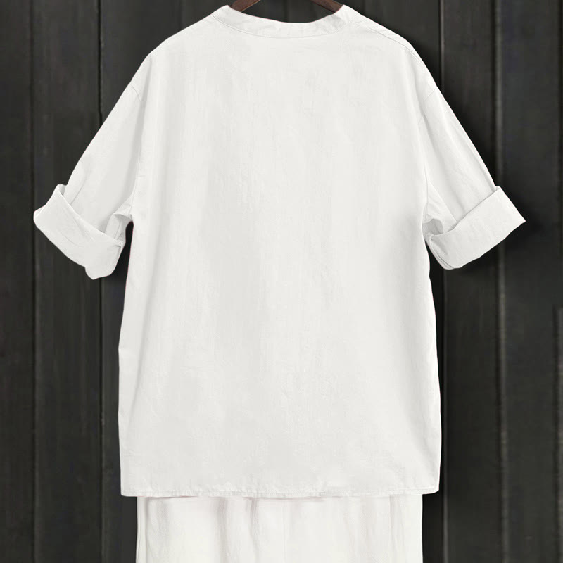 Buddha Stones Sommer Casual Plain Breasted Reversed Collar Kurzarm Damen Baumwolle Leinen Hemd - image 31