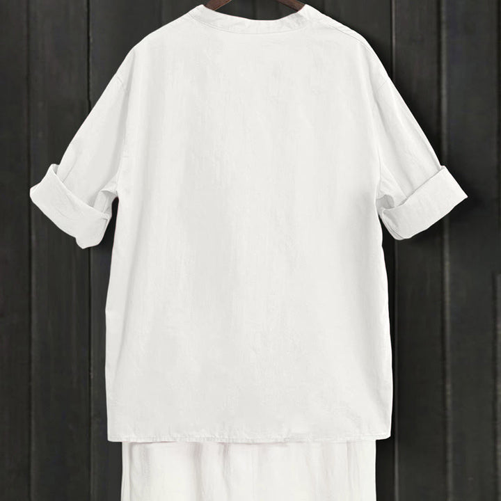 Buddha Stones Sommer Casual Plain Breasted Reversed Collar Kurzarm Damen Baumwolle Leinen Hemd - image 31