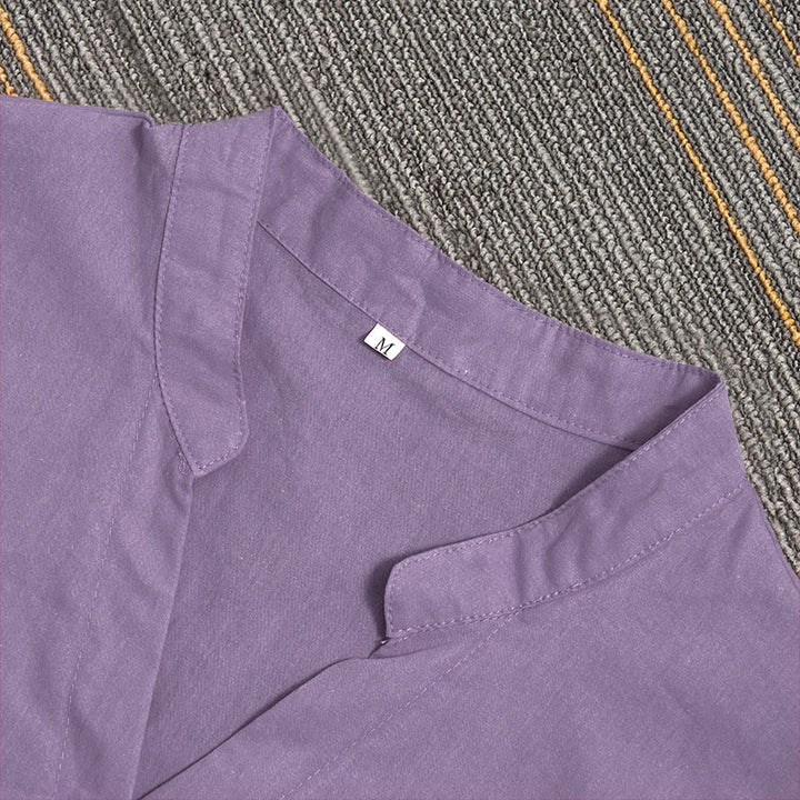 Buddha Stones Sommer Casual Plain Breasted Reversed Collar Kurzarm Damen Baumwolle Leinen Hemd - image 44