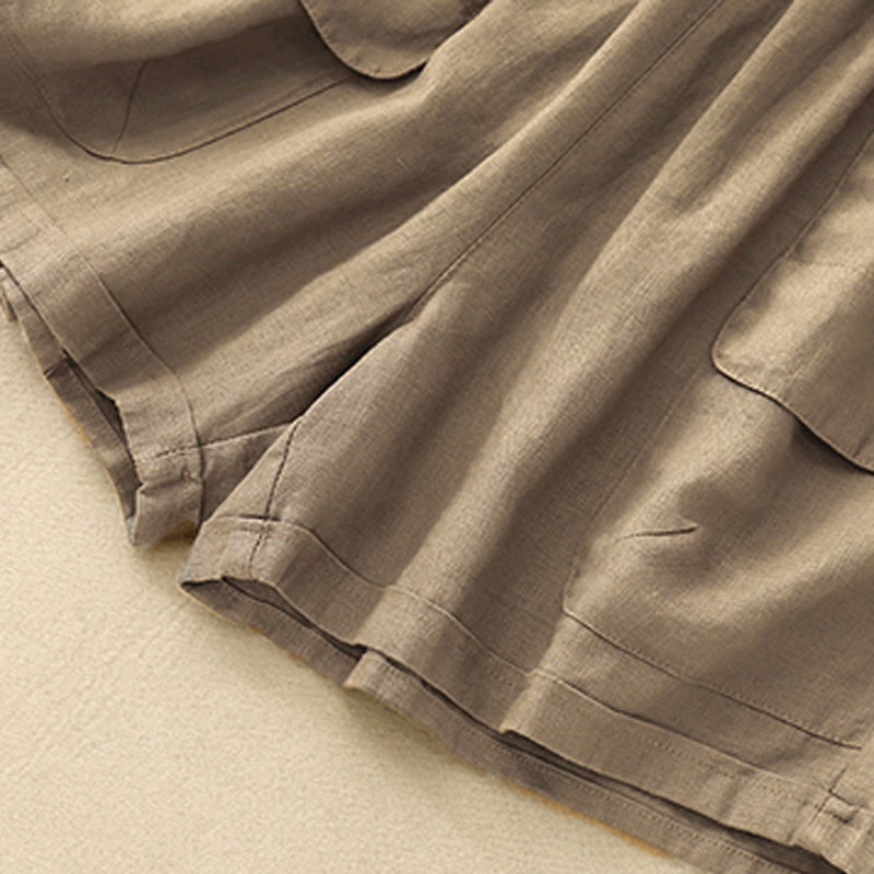 Buddha Stones Sommer Casual Plain Baumwolle Leinen Damen Elasti Gerade Shorts mit Taschen - image 5