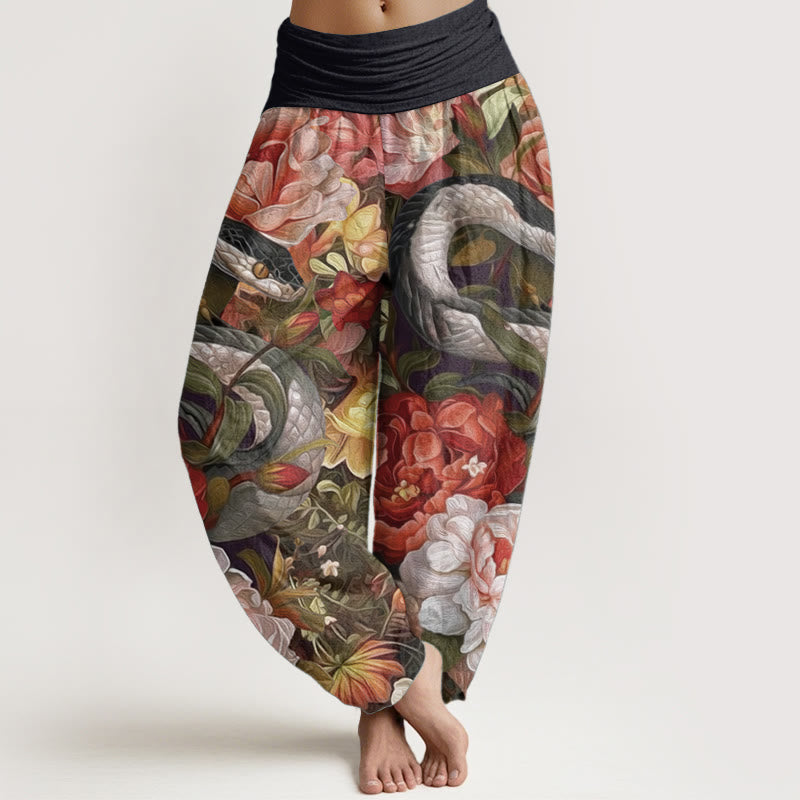 Buddha Stones Damen Haremshose aus reiner Baumwolle mit Schlangen- und Pfingstrosen-Blumen-Blattmuster und elastischer Taille