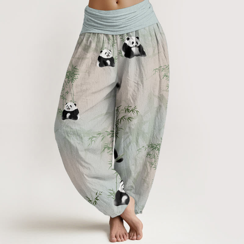 Buddha Stones Damen-Haremshose aus reiner Baumwolle mit Panda- und Bambus-Muster und elastischer Taille