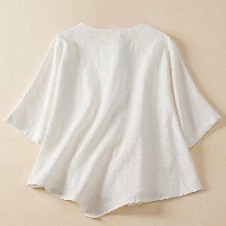 Buddha Stones Lässiges Damenhemd aus Baumwolle und Leinen mit Blumen- und Frosch-Knopfleiste und halblangen Ärmeln - image 15