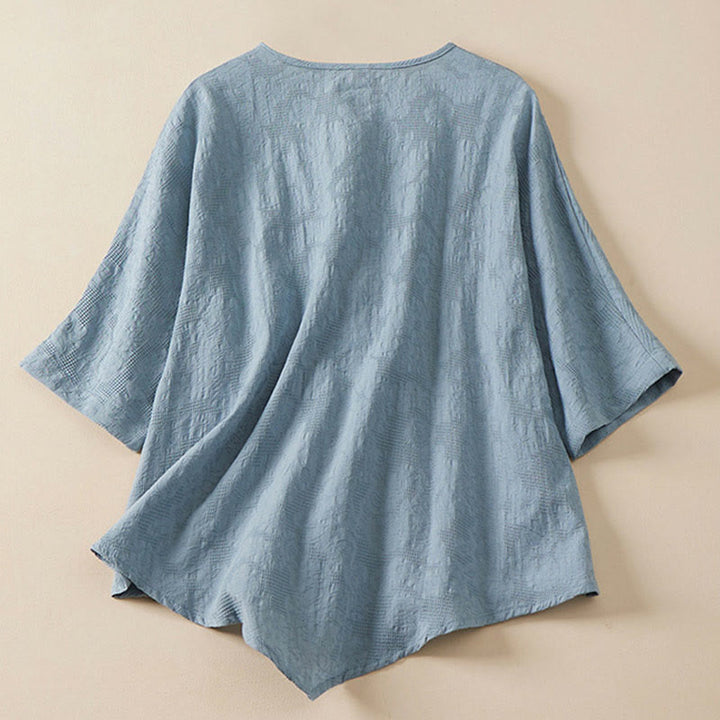 Buddha Stones Lässiges Damenhemd aus Baumwolle und Leinen mit Blumen- und Frosch-Knopfleiste und halblangen Ärmeln - image 2