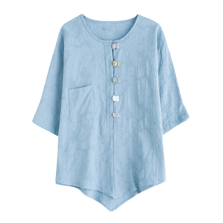 Buddha Stones Lässiges Damenhemd aus Baumwolle und Leinen mit Blumen- und Frosch-Knopfleiste und halblangen Ärmeln - image 3