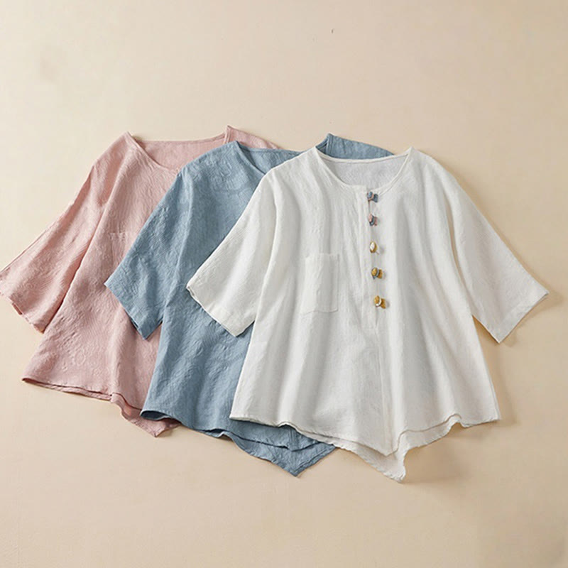 Buddha Stones Lässiges Damenhemd aus Baumwolle und Leinen mit Blumen- und Frosch-Knopfleiste und halblangen Ärmeln - image 1