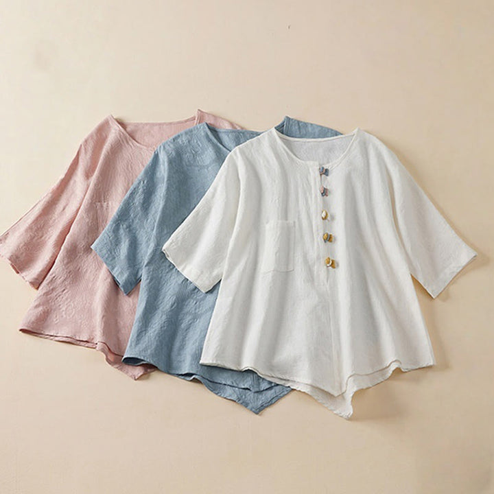 Buddha Stones Lässiges Damenhemd aus Baumwolle und Leinen mit Blumen- und Frosch-Knopfleiste und halblangen Ärmeln - image 1