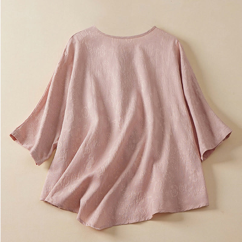 Buddha Stones Lässiges Damenhemd aus Baumwolle und Leinen mit Blumen- und Frosch-Knopfleiste und halblangen Ärmeln - image 5