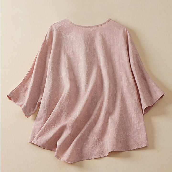 Buddha Stones Lässiges Damenhemd aus Baumwolle und Leinen mit Blumen- und Frosch-Knopfleiste und halblangen Ärmeln - image 5